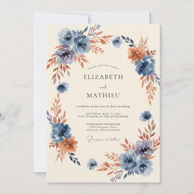 Convite Casamento Florido Outonal Azul (Frente)