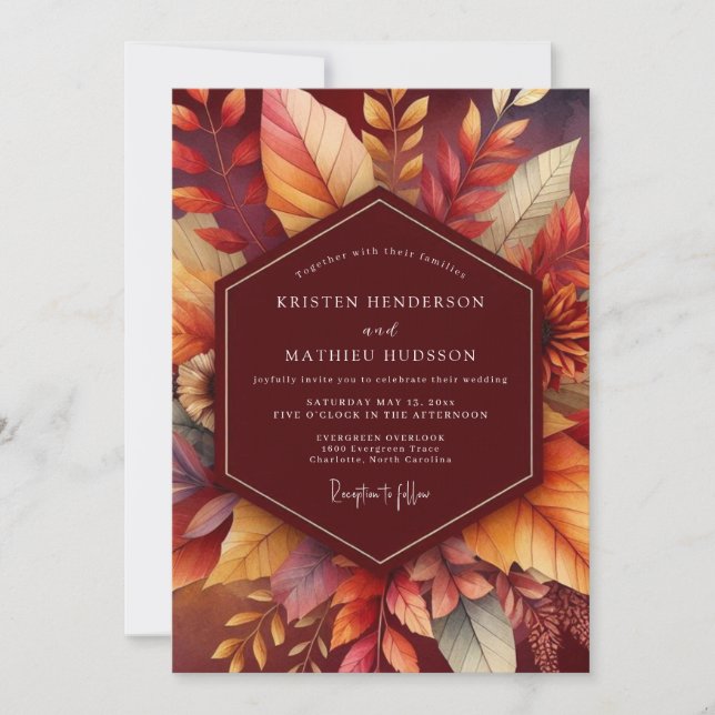 Convite Casamento Florido Outonal Borgonha (Frente)