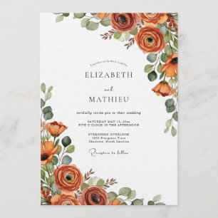 Convite Casamento Florido Outonal de Laranja Queimada