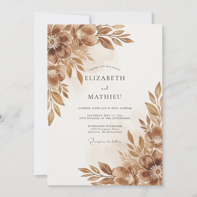 Convite Casamento Florido Outonal Marrom (Frente)