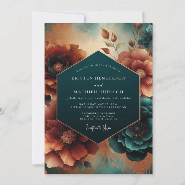 Convite Casamento Florido Outonal Turquesa (Frente)