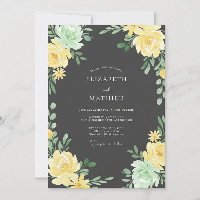 Convite Casamento Florido Pintado de Amarelo Verde (Frente)