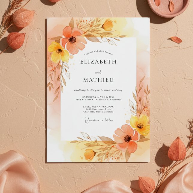Convite Casamento Florido Pintado de Pêssego (Criador carregado)