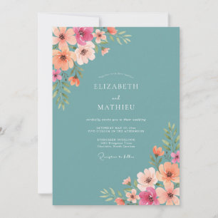 Convite Casamento Florido Pintado de Verde Azul