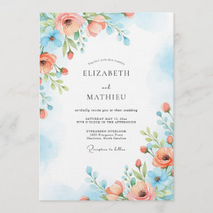 Convite Casamento Florido Pintado em Azul Coral