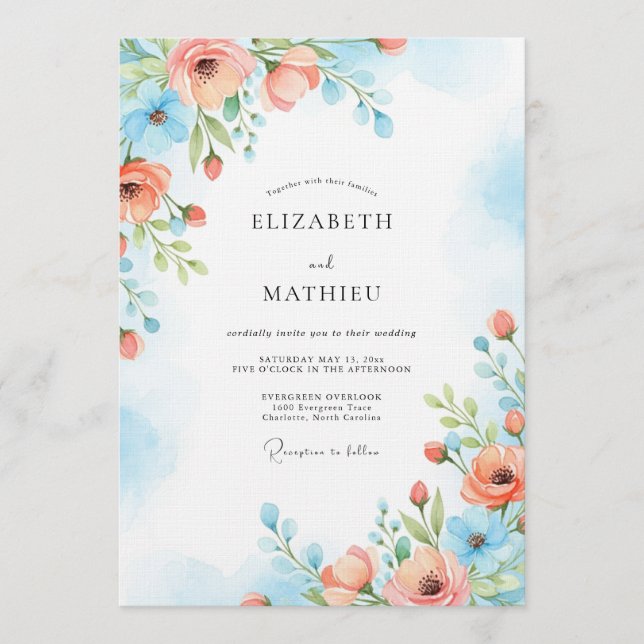 Convite Casamento Florido Pintado em Azul Coral (Frente)