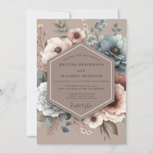 Convite Casamento Florido Pintado em Azul Desbotado (Frente)