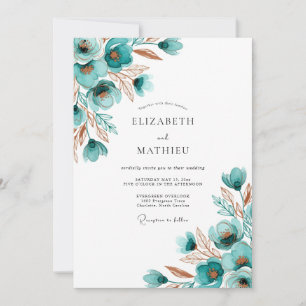 Convite Casamento Florido Pintado em Azul Verde