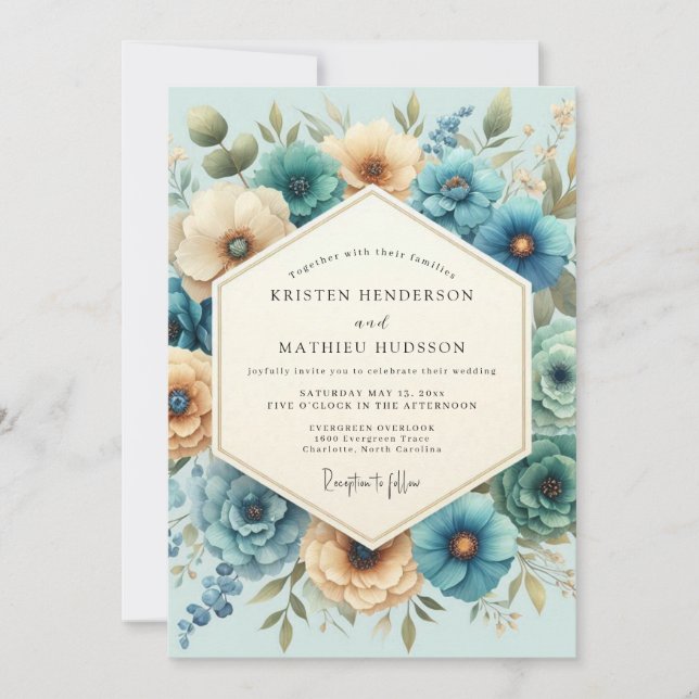 Convite Casamento Florido Pintado em Dourado e Turquesa (Frente)
