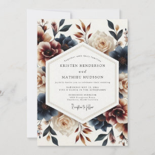 Convite Casamento Florido Pintado em Tons de Índigo