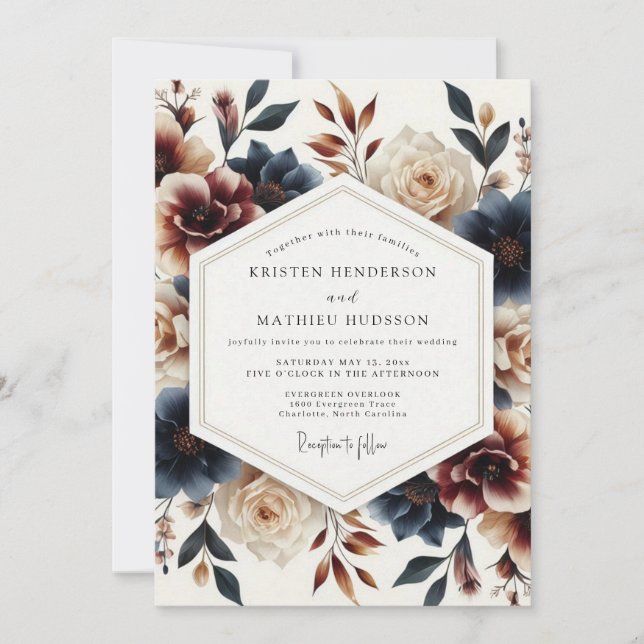 Convite Casamento Florido Pintado em Tons de Índigo (Frente)