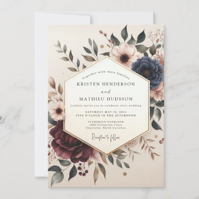Convite Casamento Florido Poético de Borgonha (Frente)