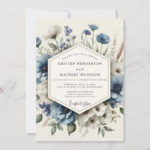 Convite Casamento Florido Poético em Azul Desbotado