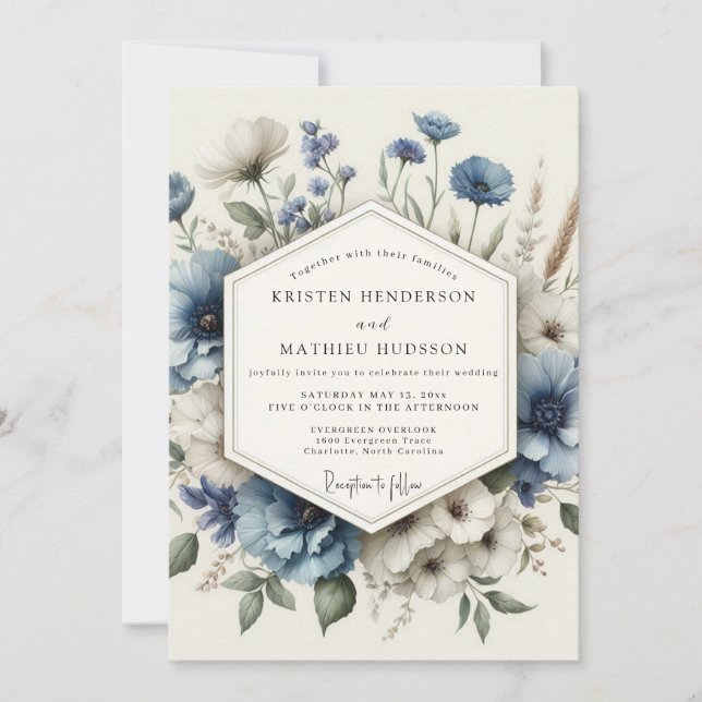 Convite Casamento Florido Poético em Azul Desbotado (Frente)