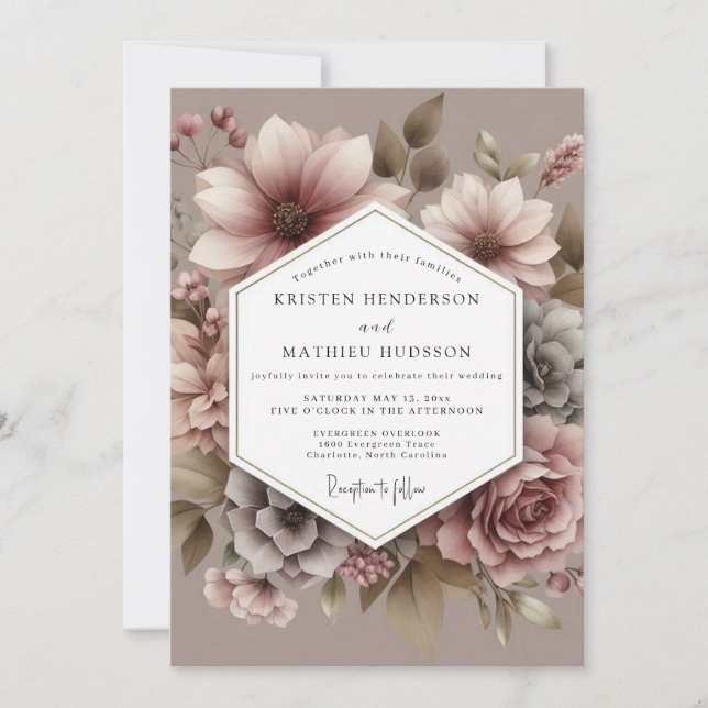 Convite Casamento Florido Poético Malva (Frente)