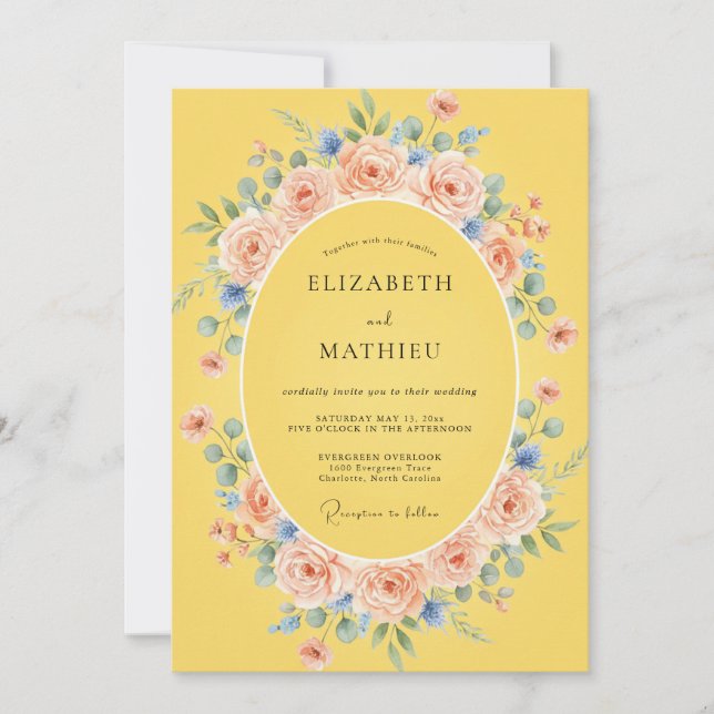 Convite Casamento Florido Romântico Amarelo (Frente)