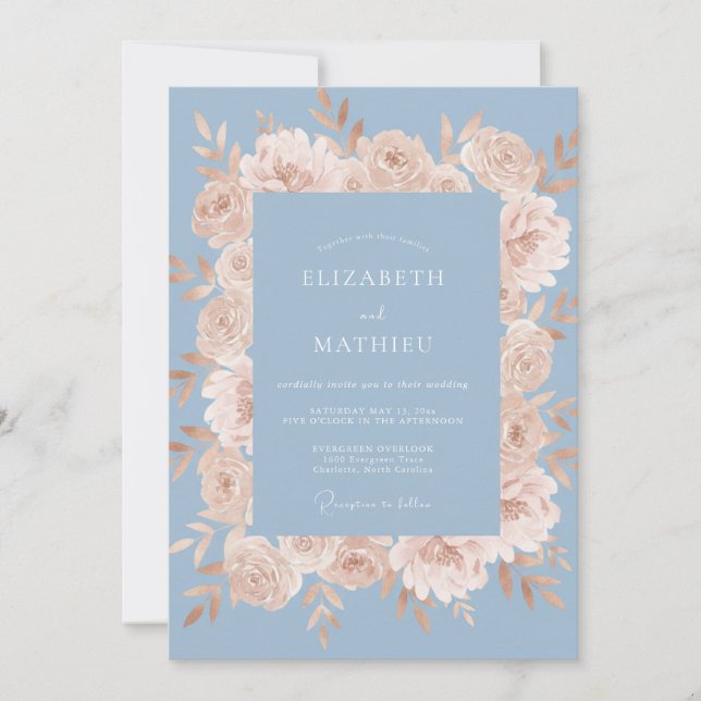 Convite Casamento Florido Romântico Blue Peach (Frente)
