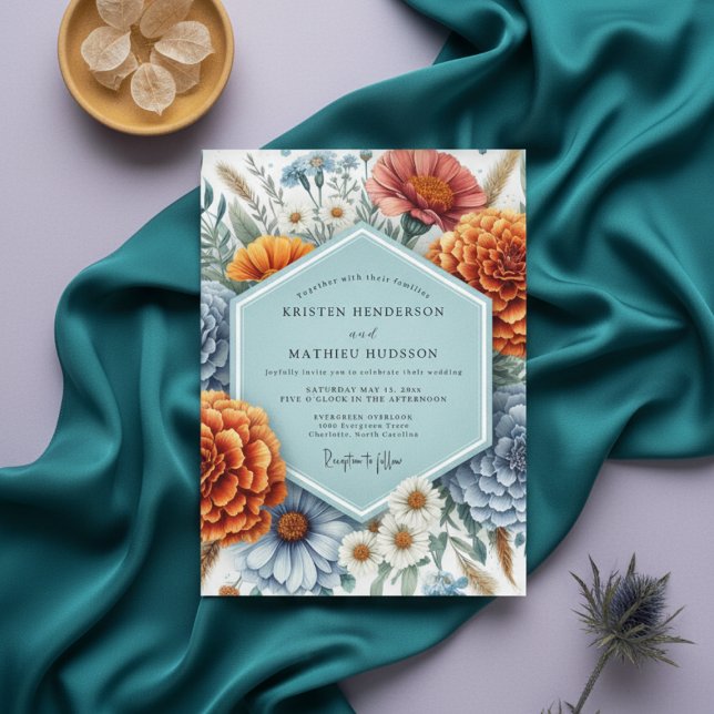 Convite Casamento Florido Rústico Azul Empoeirado (Criador carregado)