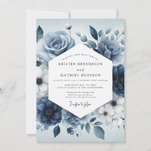 Convite Casamento Florido Sereno em Azul Ardósia