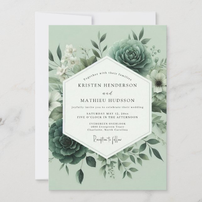 Convite Casamento Florido Turvo Verde Salvia (Frente)