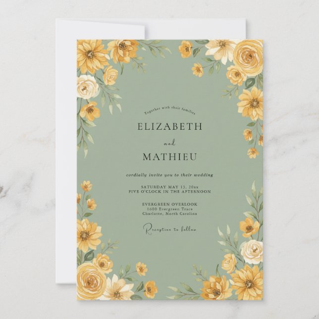 Convite Casamento Florido Verde Amarelo (Frente)