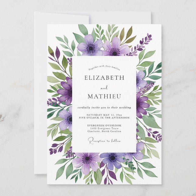 Convite Casamento Florido Verdejante Roxo (Frente)