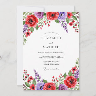 Convite Casamento Florido Vermelho Roxo Pintado