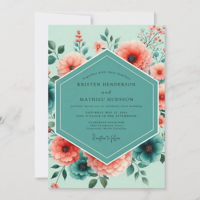 Convite Casamento Florido Vibrante Coral Azul (Frente)