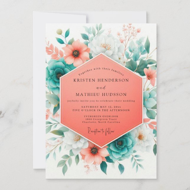 Convite Casamento Florido Vibrante Coral Turquesa (Frente)