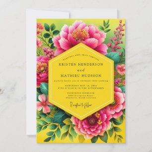 Convite Casamento Florido Vibrante de Fúcsia