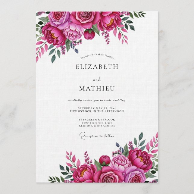 Convite Casamento Florido Vibrante Magenta (Frente)