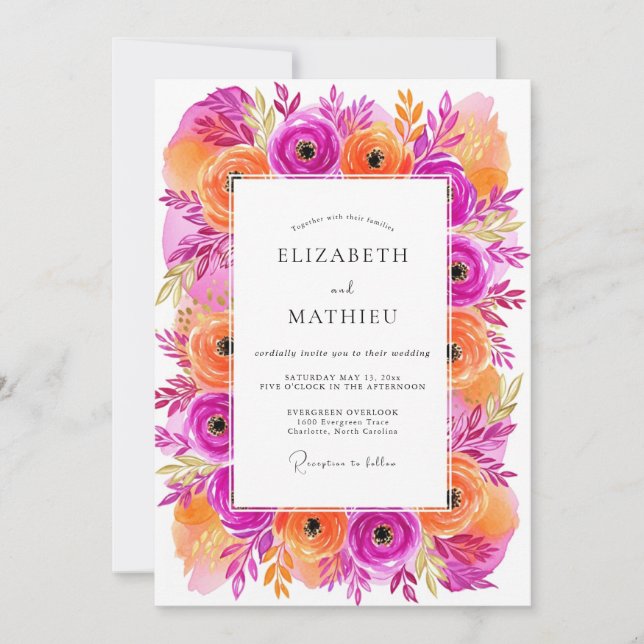 Convite Casamento Florido Vibrante Magenta (Frente)
