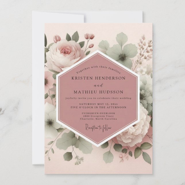 Convite Casamento Florido Vintage Rosa Empoeirada (Frente)