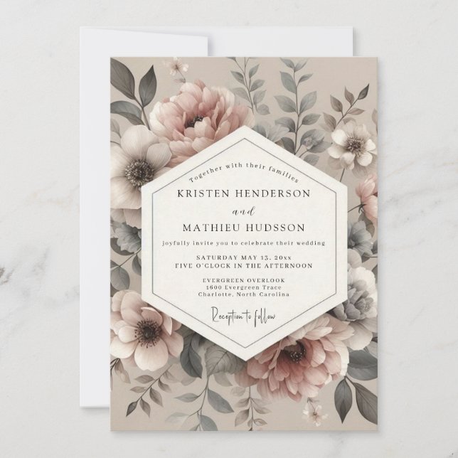 Convite Casamento Florido Vintage Rosa Poeira (Frente)
