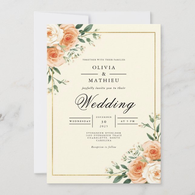 Convite Casamento Flourish do Cantinho de Apricot Bloom (Frente)