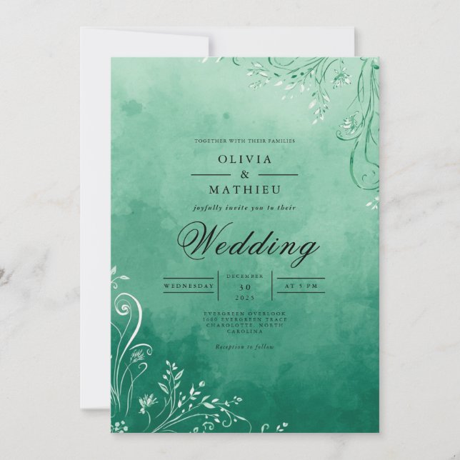 Convite Casamento Flourish Emerald Watercolor (Frente)