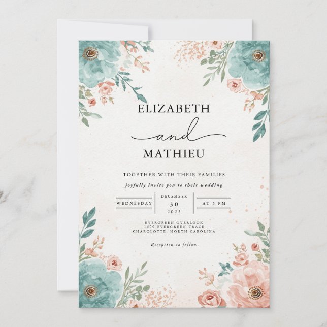 Convite Casamento Flourish Teal & Coral (Frente)