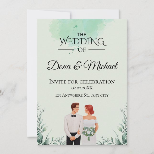 Convite Casamento fluído com aquarela verde personalizada (Frente)