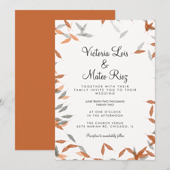 Convite Casamento Flutuante de Folhas Caindo Rústicas Verd (Frente/Verso)