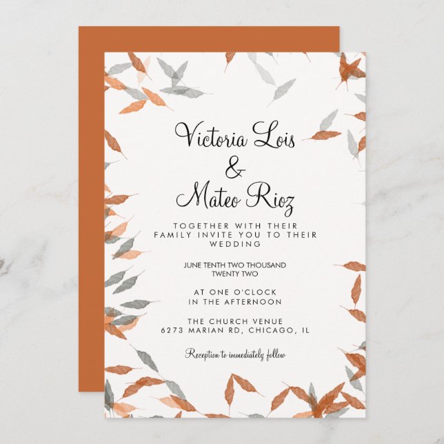 Convite Casamento Flutuante Rustic Falling Leaf Greenery (Frente/Verso)