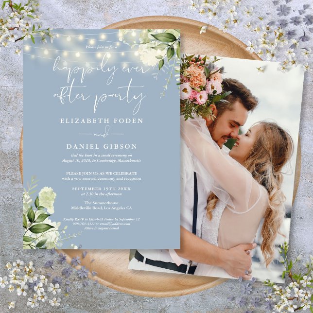 Convite Casamento Focado Greenery Happily Ever After Foto (Greenery Happily Ever After Eloped Wedding Photo Invitation)
