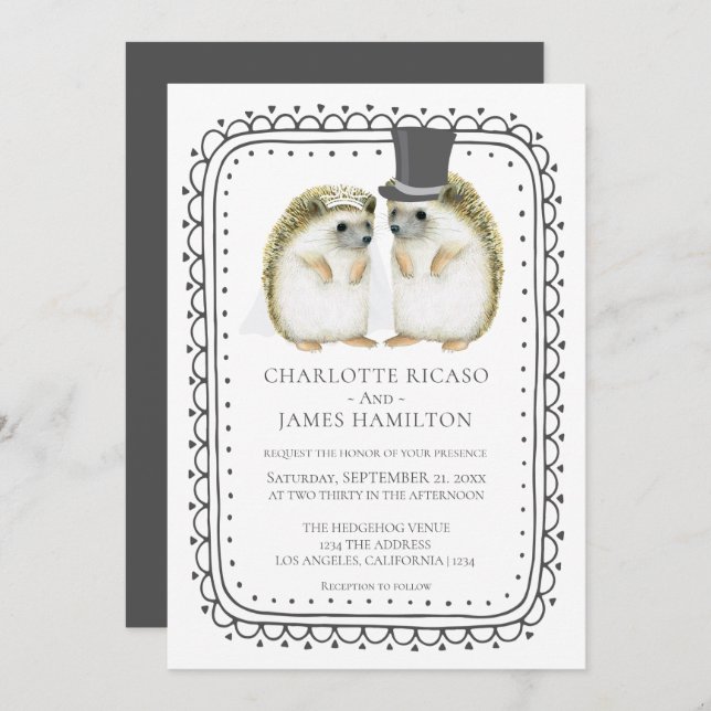 Convite Casamento Fofo Casal Hedgehog Personalizado (Frente/Verso)