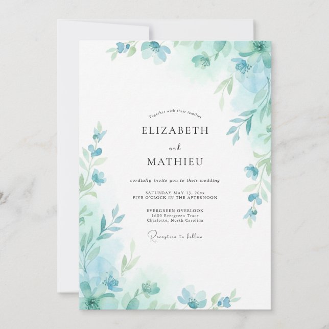 Convite Casamento Folha Aqua Seafoam (Frente)