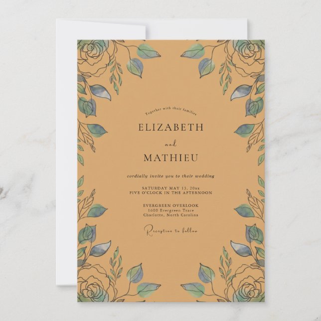 Convite Casamento Folha Azul Ocre (Frente)