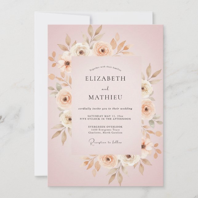 Convite Casamento Folha Bege Rosa (Frente)