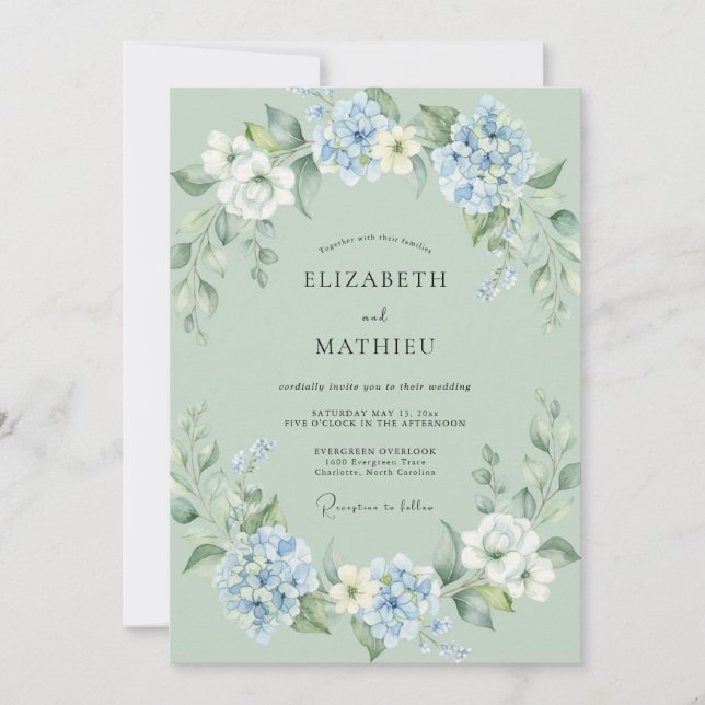 Convite Casamento Folha Cornflower Espuma do Mar (Frente)