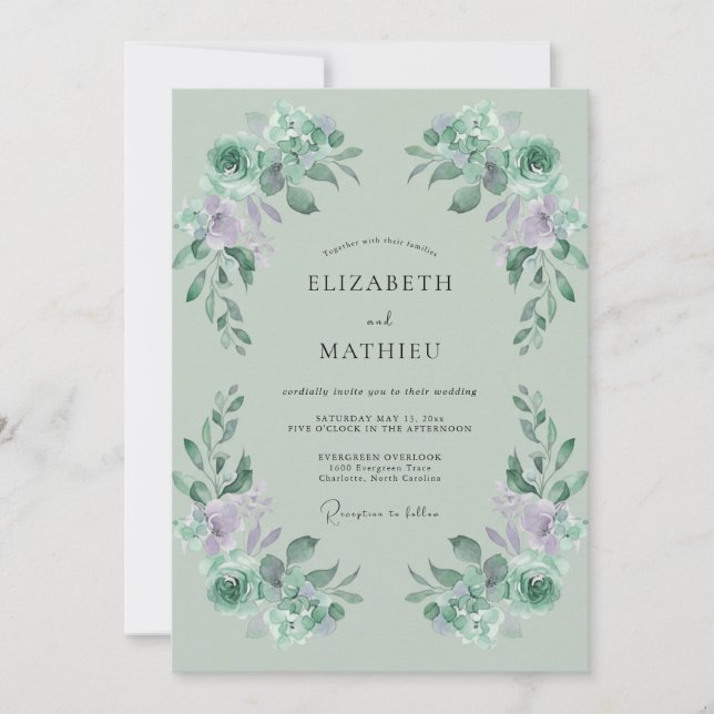 Convite Casamento Folha de Celadon Lilás (Frente)