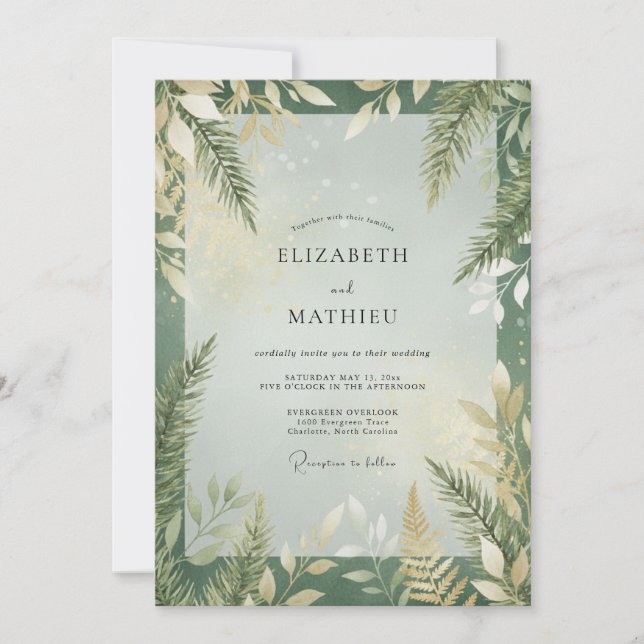 Convite Casamento Folha de Fern Olive Flor Silvestre (Frente)