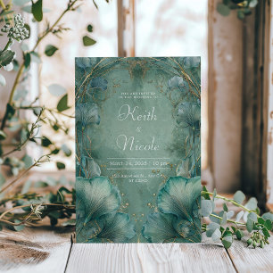 Convite Casamento Folha de Ginkgo em Ouro Seafoam Art Nouv