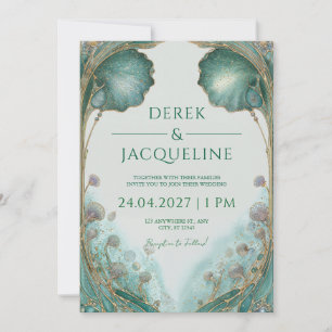 Convite Casamento Folha de Ginkgo em Teal e Dourado Art No